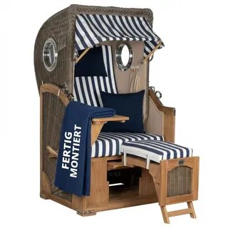 MR.DEKO Strandkorb Düne Single 1-Sitzer Bullauge Teak PE-Geflecht Grey 96x165x80, BxTxH: 96x80x165 cm, Vollieger, Düne Single, (Fertig montierter Strandkorb für Garten, Terrasse & Balkon, 1-tlg), Wetterfester Volllieger mit Edelstahlbeschlägen & waschbaren Polstern blau