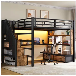 Merax Hochbett 140x200cm mit LED-Beleuchtung (Metallbett Jugendbett Loftbett, 1-St) Kinderbett mit 2 Schubladen, Schreibtisch, Regalen & Stauraumtreppe schwarz