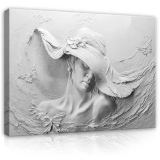 WallArena - Leinwand Bilder - Frau Gesicht Hut Abstrakt Grau - 100x75 cm Leinwandbilder - Bild auf leinwand - Wandbild XXL groß Wandbilder für Wohnzimmer Schlafzimmer Wohnzimmerbilder Modern