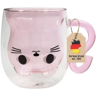 INTIRILIFE Thermo Glas Doppelwandig mit Design Katze in Pink - 200ml Füllmenge - Isolierte Tassen Becher aus Glas hitzebeständig für kalte und heiße Getränke Kaffeetasse Teetasse Trinkglas