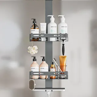 Wisfame Duschablage Zum Hängen Grau, Duschregal Ohne Bohren für Glastür | Duschkorb zum Hängen für Glastür bis 18mm, Ohne Bohren, Saugnäpfe & EVA-Pads für Stabilen Halt, Viele Haken, Rostfrei