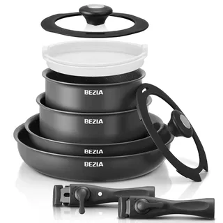 BEZIA Topfset mit Abnehmbarem Griff, 10-tlg Töpfe & Pfannen Set für Camping | Stapelbares Topf- & Pfannenset für kompakte Küchen, alle Herde inkl. Induktion, PFAS-freies Kochgeschirr, Ofenfest bis 230°C