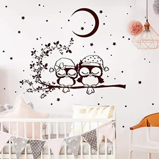 Wandtattoo Loft Gute Nacht Eulen auf einem Ast mit Mond und Sternen Wandbild Wandtattoo Wanddeko 30 Farben 4 Größen