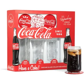 Coca-Cola Cola Cola-Gläser im Vintage-Stil, mit Untersetzern, Geschenk-Set, 3 Stück