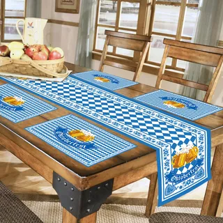 DPKOW 5er Oktoberfest Tischläufer Tischset Set, Blau Weiß Waschbar Bayrisch Tischdecke Platzsets Oktoberfest Esstischdekoration drinnen und draußen für Bierfest Party Dekorationszubehör, Stoff