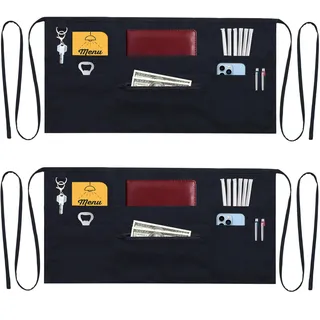 TEXVIDA Servierschürzen mit 7 Taschen und Reißverschlusstasche (2er-Pack) – Schürzen für Damen und Herren – Kellnerin, halbe Schürze 61 x 30 cm, Schwarz, 1 Zipper + 6 Pockets, Pack of 2
