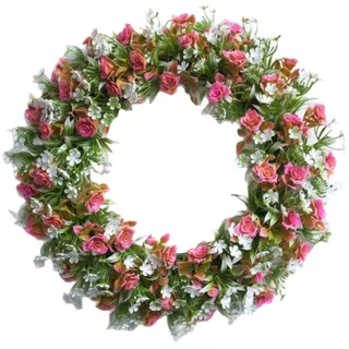 Valentine's Day Wreath for Front Door - Rosa Rosenkrang, Künstlicher Dekokranz, Farmhouse Decor for Indoor/Outdoor Porch, Window, Wall Cherry Blossom Pin (45CM)