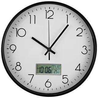 BAODBF Digitale Funkuhr Wand mit LCD-Display,Wanduhr Funk mit Monat Datum Wochentag und Temperaturanzeige,Funkwanduhr Geräuschlos Ø 29.5cm Großes Ziffernblatt,Wanduhren für Wohnzimmer Badezimmer Büro