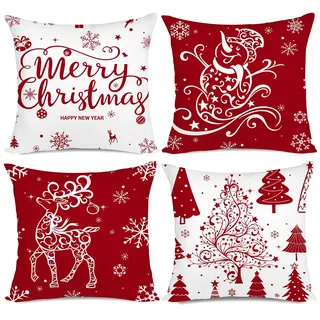 Miaikoe Kissenüberzüge mit weihnachtlichem Motiv, Weihnachtsdekoration, Bäume, Hirsch, Schneemann, „Merry Christmas“, dekorativ, Landhaus-Stil, für Feiertage, Rot, 45 x 45 cm, 4er-Set