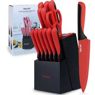 hecef Messerblock Set, 13-TLG Messer Set mit Selbstschärfender block, Scharf Edelstahl küchenmesser Set mit Küchenschere und Holzblock, Pri Kochmesser Set Bunte (Rot)
