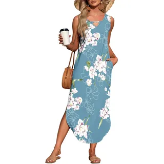 AUSELILY Strandkleid Damen Lang Maxikleid Sommer Ärmellos Schlitz Hawaii Casual Blumenkleid Mit Taschen Floral Hellblau 2XL - XXL