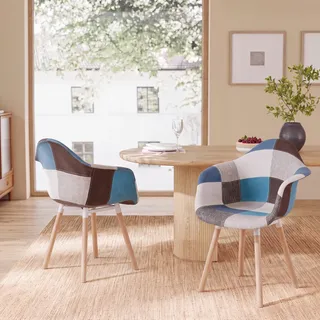 HJhomeheart 2er Esszimmerstühle aus Patchwork-Stoff mit Armlehnen, moderner Design-Sessel, skandinavischer Küchenstuhl aus Buchenholz (A5-Blau)