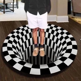 FANSU Runder Teppich, Schwarzer Weißer Vortex Druck 3D Optische Täuschung Moderner Anti-Rutsch Bodenmatte Home Schlafzimmer Büro Wohnzimmer Haustür Art Deco Teppich (Geometrie,100cm)