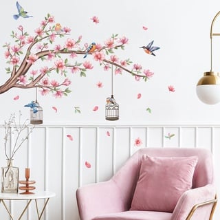 Wandtattoo Blossom Baum Wandaufkleber Blütenblätter Rosa Vogel Wandsticker für Wohnzimmer Esszimmer TV Hintergrund Wanddeko