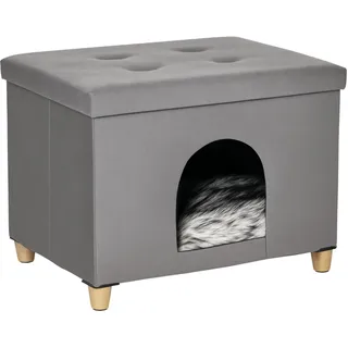 PawHut 2-IN-1 Katzenhöhle Fußhocker mit Kissen Holzbeine Katzenhaus Grau