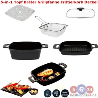 Aluguss Multifunktions-Set 5-in-1 Topf Bräter Grillpfanne Frittierkorb Deckel