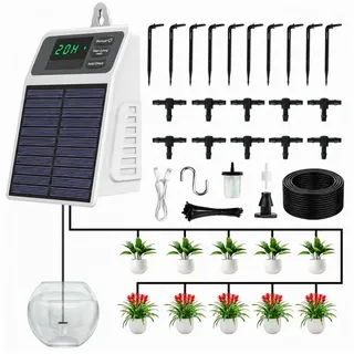 Blossom Bewässerungssystem Solar Bewässerungssystem Tropfbewässerung Set Automatisch, Akku, USB-C, (Bewässerungscomputer, 10 Tropfern, 10 m Schlauch, 30 Bewässerungsmodi), Gartenbewässerung für Balkon, Hochbeet & Gewächshaus weiß