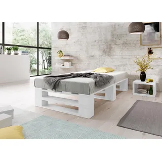 Lermowood Palettenbett M2 aus Holz 100 x 200 cm Weiß mit Lattenrost Holzbett 30cm Stabiles Seniorenbett Kinderbett Jugendbett Gästebett erhöhtes Einzelbett Bettgestell Futonbett Komforthöhe