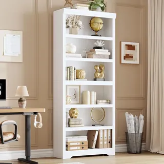 Garvee Landhaus Bücherregal 6 Ebenen Standregal MDF 80 × 29,5 × 190 cm | Mit verstellbaren Einlegeböden und Anti-Kipp-Sicherung – ideal für Wohnzimmer, Home Office & Arbeitszimmer, warmweiß