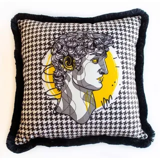 Casa Padrino Luxus Deko Kissen Barock Büste Weiß / Grau / Gelb / Schwarz 45 x 45 cm - Bedrucktes Samt Kissen mit Fransen - Luxus Deko Accessoires