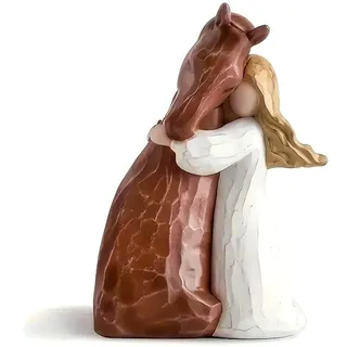 SoeUyd Handbemalte Pferd Figur Geschenke, Dekorationsgegenstand, Kunstharz | Mädchen Umarmen Pferd Figur Statue Dekor, Handbemalte Schutzengel Figur Als Deko, Pferdeliebhaber