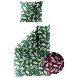 BIERBAUM Biber Bettwäsche 2 TLG. 135x200cm Blätter Blatt Bordeaux Grün weich Baumwolle, Farbe:Grün
