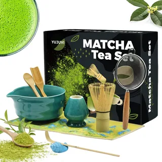 YUJUVI Matcha Tea Set Matcha Set 9-Teiliges Set Matcha Besen Matcha Schale mit Auslauf Japanisches Matcha Tea Set Matcha Besenhalter, Sieb, Schaufel, Tea Set (Wellenmuster Fantasy Blue Set)