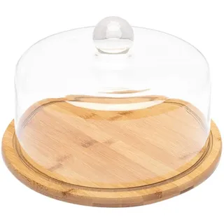 Kuchenglocke aus Glas, Käseglocke mit Bambusteller, Kuchenteller, Haube, Servierteller mit Glaskappe aus Holz, 21 x 21 x 15,7 cm