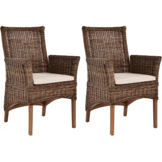 Krines Home Esszimmerstuhl 2er Set Esszimmerstuhl Rattanstuhl mit Armlehne Esszimmer Stühle Holz (2 St), aus Rattan Naturmaterial, mit Armlehnen beige|braun