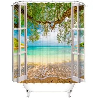 OCEUMACO 3D Strand Motiv Duschvorhang 240x200 Türkis Meer Fenster Shower Curtains Textil Antischimmel Wasserdicht Grün Baum Blätter Natur Duschvorhänge Badewanne Stoff aus Polyester Waschbar