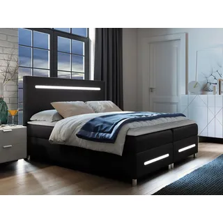 Mirjan24 Boxspringbett Enter LED, Ehebett mit Hauptmatratze, Topper und LED-Beleuchtung, zwei Bettkästen (Soft 011, Größe: 140x200 cm) - Schwarz