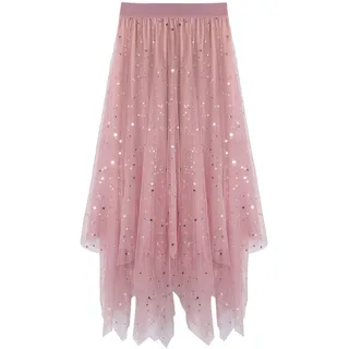 iyoimono Damen Tüllrock Falten Rock Höhe Taille A Line Mesh Freizeit Fashion Skirt Spitze Rock Midi Plisseerock Lässig Frühlingsrock(6806 Rosa) - Einheitsgröße