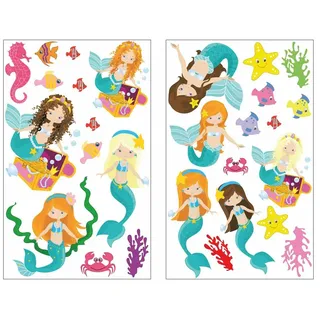 Samunshi® 28x Wandtattoo Meerjungfrau und Tiere Set Wandbilder Kinderzimmer Deko Junge Wandtattoo Kinderzimmer Mädchen Wandsticker 2x 21x34cm