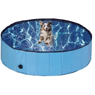 Relaxdays Hundepool, H x D: 30 x 120 cm, faltbar, mit Ablassventil, Hundeplanschbecken zur Abkühlung, PVC & MDF, blau