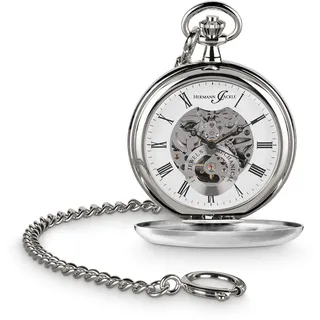 Hermann Jäckle Herren Taschenuhr Heidelberg Skelett 50 mm | Handaufzugswerk, Double Hunter Gehäuse, Mineralglas, römische Ziffern, inklusive Kette und Reiseetui