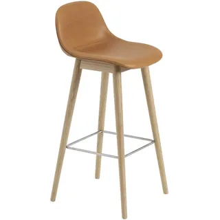 Muuto Fiber Barhocker mit Rückenlehne, wood base, höhe 75 cm, refine leder cognac / eiche