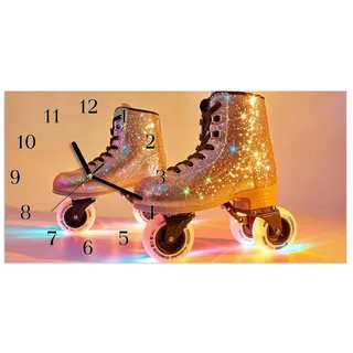 Primedeco Wanduhr Glasuhr Wandkunst Größe 60 x 30 cm mit Motiv Glitzer Rollschuhe