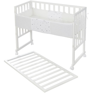 Stubenbett ROBA "Safe Asleep 2in1, weiß, Sternenzauber grau" Gr. Liegefläche B/L: 45 cm x 90 cm, kein Härtegrad, PU-Weichschaummatratze, weiß Baby Babybetten Babymöbel-Serien mit 4 Rollen, Matratze, Nestchen und Sicherheitsbarriere