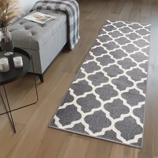 TAPISO MAROKO Läufer Teppich Brücke Flur Modern Geometrisch Marokkanisch Gitter Designer Muster Grau Creme ÖKOTEX 90 x 400 cm