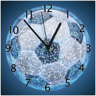 Wallario Design-Wanduhr Fußball digital - Netzwerk in blau aus Glas, Motiv-Uhr Größe 30 x 30 cm, Schwarze Zeiger