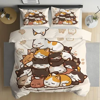 Bettwäsche 155x220 Süße Katze im japanischen Stil Bettwäsche Set, Weich und | Microfaser Kuschelige Bettwäsche, Cartoon-Kätzchen-Muster Wendebettwäsche Bettbezug Kissenbezug 80x80cm mit Reißverschluss