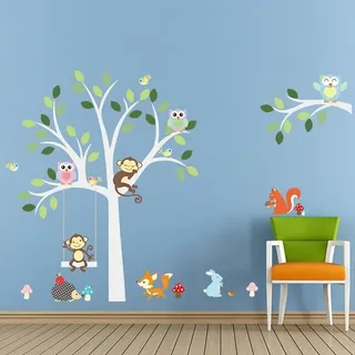 Minkurow Cartoon-tier-wandaufkleber, Niedliche Eulen, Affe Und Fuchs, Baby-kinderzimmer-schlafzimmer, Abnehmbare Wandtattoos