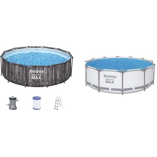Bestway Steel Pro MAX Frame Pool-Set mit Filterpumpe Ø 366 x 100 cm, Holz-Optik (Mooreiche), rund & FlowclearTM Solarabdeckplane, Ø 356 cm, für runde 366 cm und 396 cm Aufstellpools, blau