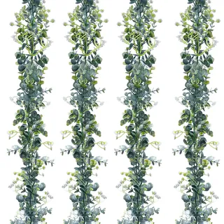 xinfedi Eukalyptus Deko, 4 Packungen 1,75 m Lange Künstliche Eukalyptus Girlande(mit Weiße Blume), Grüne Eukalyptus Pflanze für Wand Tisch Hochzeit Dekoration