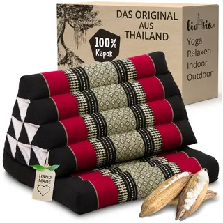 Livasia Thaikissen 1 Auflage - 75x50x8cm - Dreieckskissen mit Sitzkissen, Keilkissen mit Kapok, Rückenkissen faltbar, Thaimatte zum Klappen, handgefertigt, Meditationskissen (Schwarz/Rot)