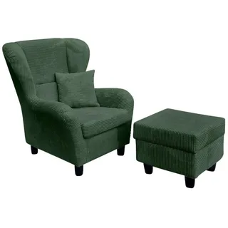luma-home schönes für dein zuhause Ohrensessel Cordstoff 90 x 98 x 76 cm Grün mit Hocker und Zierkissen