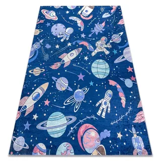 BAMBINO 61580 Waschteppich Weltraum, Rakete für Kinder Anti-Rutsch - marineblau / orange Blau 200x290 cm - Blau