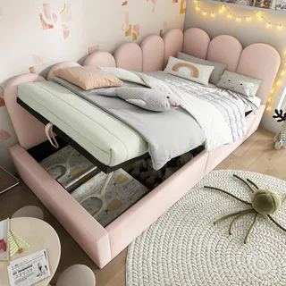 Merax Polsterbett Schlafsofa 90x190cm, Tagesbett Daybett mit Hydraulisch Stauraum, Kinderbett mit Gitter-Design, Einzelbett mit Metall-Lattenrost, Gästebett Jugendbett, Samtstoff, Ohne Matratze, Rosa