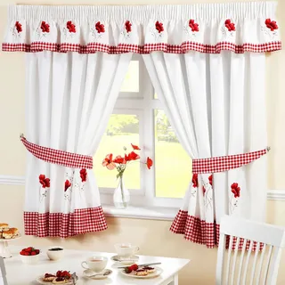 Homespace Direct Bestickte Blumen Gingham Kariert Mohn Bleistiftfalten Küche Vorhänge und Raffhalter, rot, Textil, rot, 46 x 48-Inch