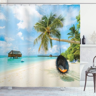 ABAKUHAUS Bunt Duschvorhang, Exotische Malediven Meer, Stoffliches Gewebe Badezimmerdekorationsset mit Haken, 175 x 180 cm, Mehrfarbig